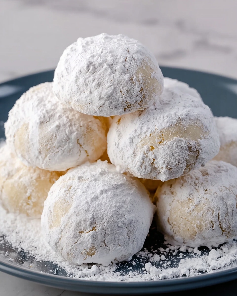 A group of round, soft cookies covered with a thick layer of white powdered sugar sit piled on a white plate with a slight shine. Each cookie has a light beige color beneath the sugar, showing a smooth but slightly uneven surface. The cookies are closely stacked, some leaning on others, forming a small mound in the center of the plate. The plate rests on a white marbled surface that adds a subtle, elegant texture to the background. photo taken with an iphone --ar 4:5 --v 7