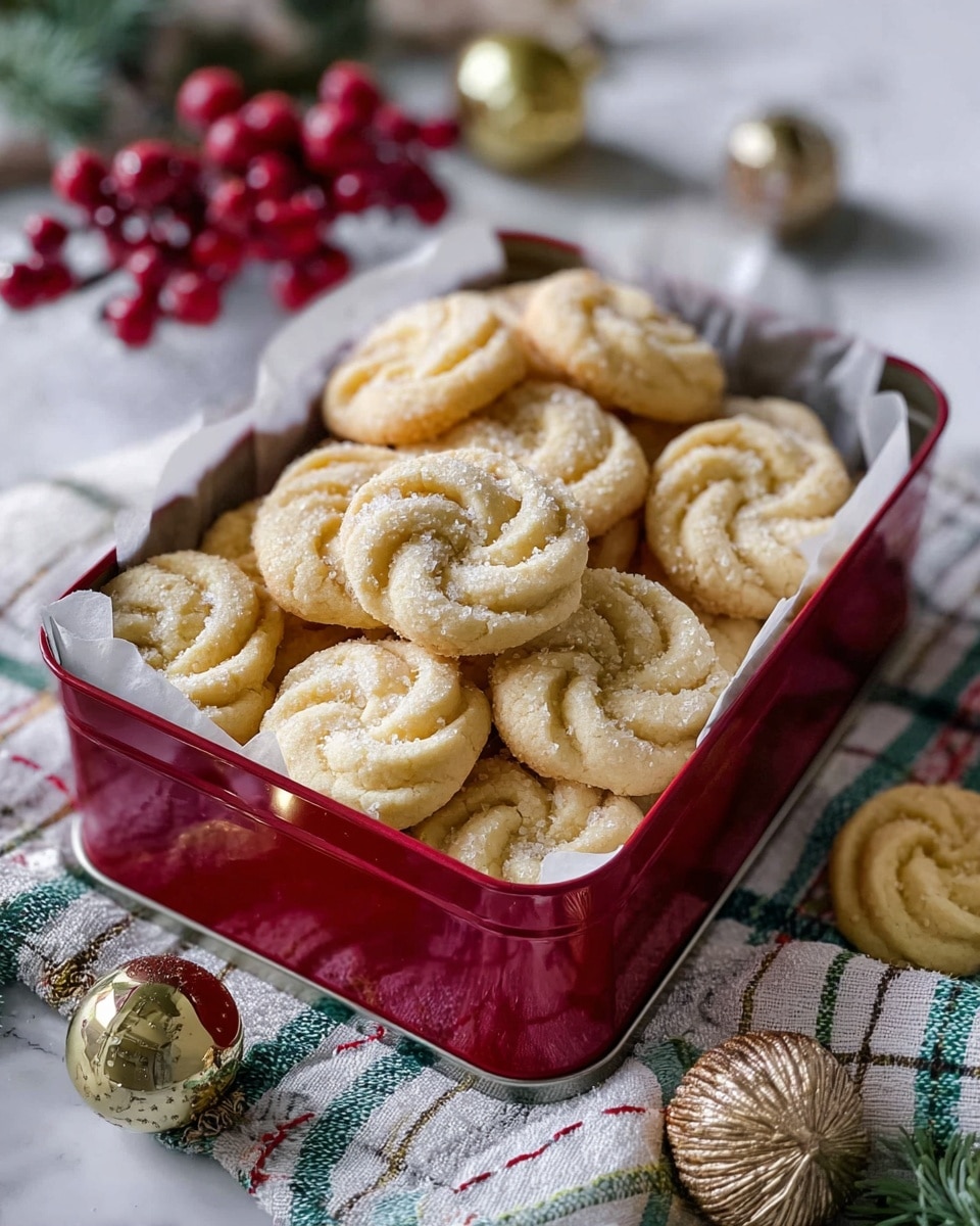 A red rectangular tin lined with white parchment paper holds about a dozen round, light golden cookies with a spiral pattern on top and a slightly crisp edge. The cookies appear soft and lightly sprinkled with sugar. The tin is sitting on a white and green checked cloth on a white marbled surface, with red berries and silver and gold Christmas ornaments in the background, creating a festive atmosphere. Photo taken with an iphone --ar 4:5 --v 7