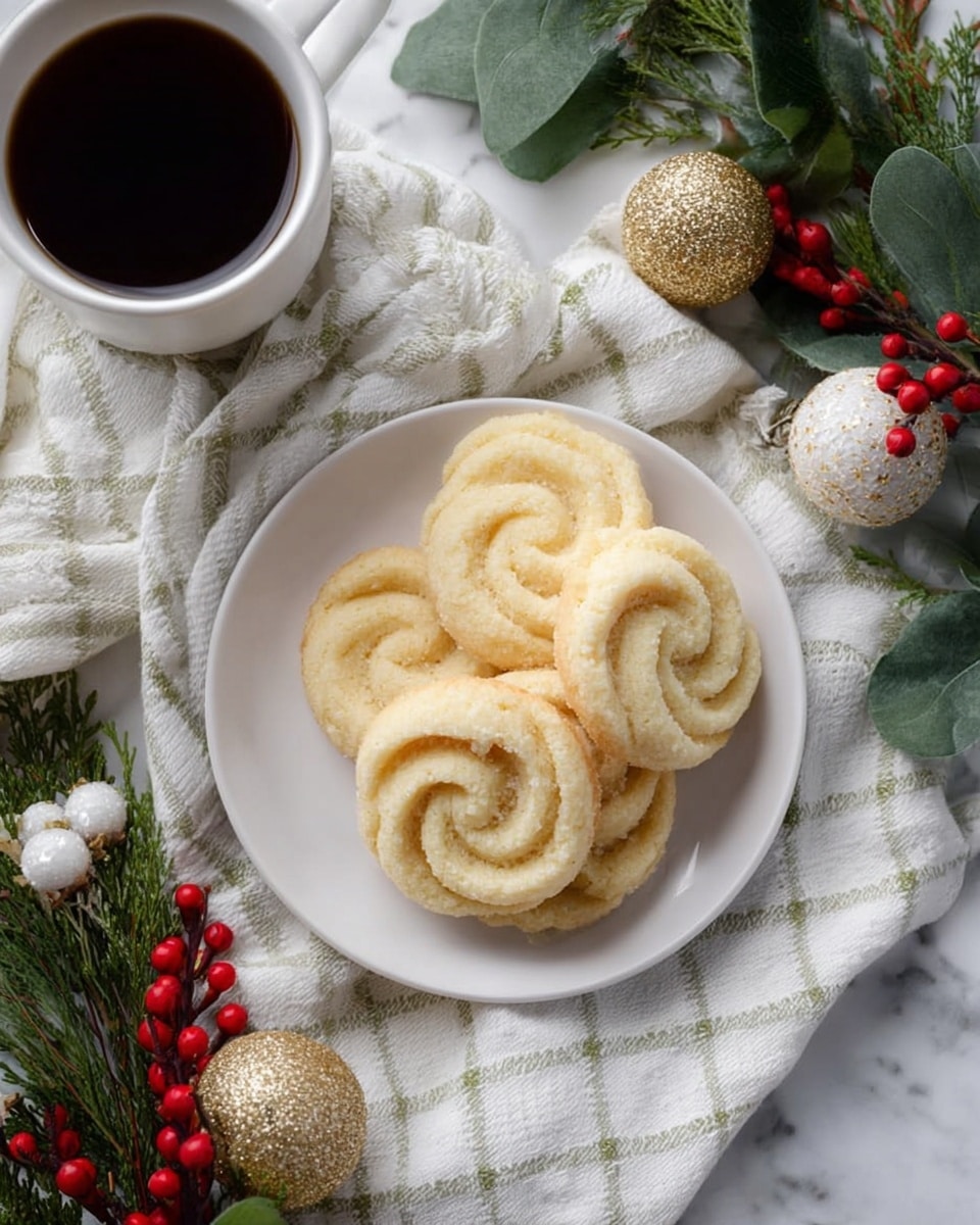 A white plate holds four golden-brown cookies with a swirled, ridged pattern, stacked slightly on top of each other. The cookies have a soft, crumbly texture with some sugar sprinkled on top. One cookie shows a small bite taken out of it. The plate sits on a white cloth with green plaid lines, which covers a white marbled surface. Around the plate are white and shiny gold Christmas ball ornaments, some red berries, and a sprig of green leaves. A white cup filled with black coffee is partially visible on the left side. The scene is bright and festive. photo taken with an iphone --ar 4:5 --v 7