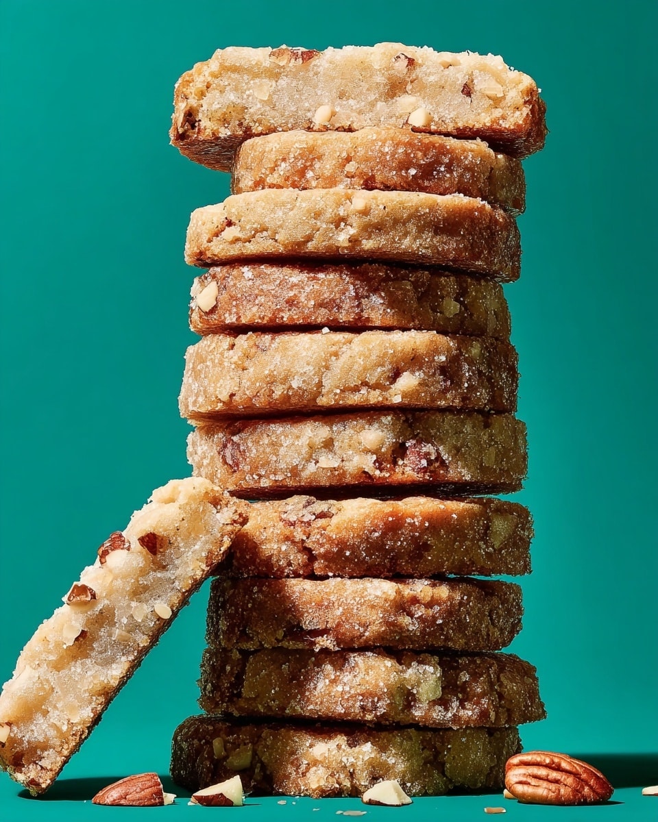 The image shows a tall stack of eight light brown pecan shortbread cookies with visible sugar crystals on top, giving a sparkly texture. Each cookie is thick and round with bits of pecans inside and some pecan pieces scattered around the base. One cookie leans against the stack on the left side. The background is a solid green color, and the surface beneath the cookies is a white marbled texture. Photo taken with an iphone --ar 4:5 --v 7