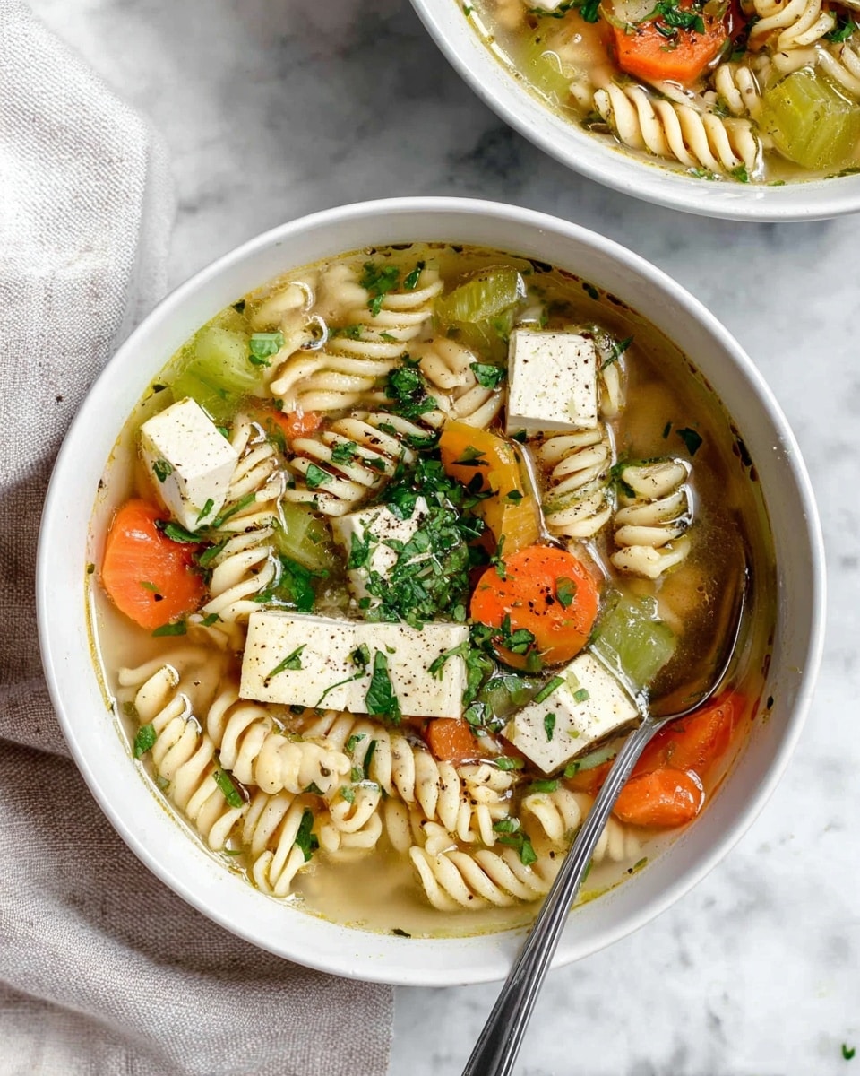 A white bowl filled with clear broth soup containing several large pale beige tofu cubes, light brown spiral pasta, bright orange carrot chunks, and pale green celery slices. The ingredients float evenly throughout the soup. Fresh green parsley leaves are scattered on top, with a sprinkle of black pepper adding texture. A silver spoon rests inside the bowl on the right side. The bowl sits on a white marbled surface next to a light-colored cloth napkin. Another similar bowl is partially visible in the background. Photo taken with an iphone --ar 4:5 --v 7