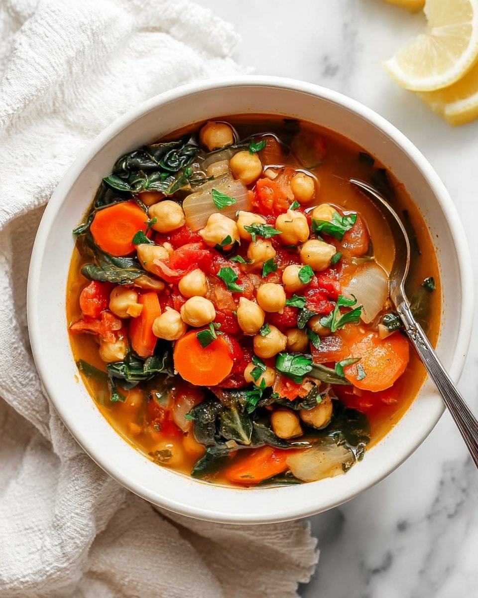 A close-up top view of a bowl of chickpea stew on a white marbled surface, with the bowl being white with a speckled brown rim. The stew has visible layers including round orange carrot slices, white chickpeas scattered on top, dark green leafy spinach, translucent cooked onions, and chunks of red tomato, all mixed in a light brown broth. Small green parsley leaves are sprinkled over the chickpeas and vegetables, adding freshness to the dish. photo taken with an iphone --ar 4:5 --v 7