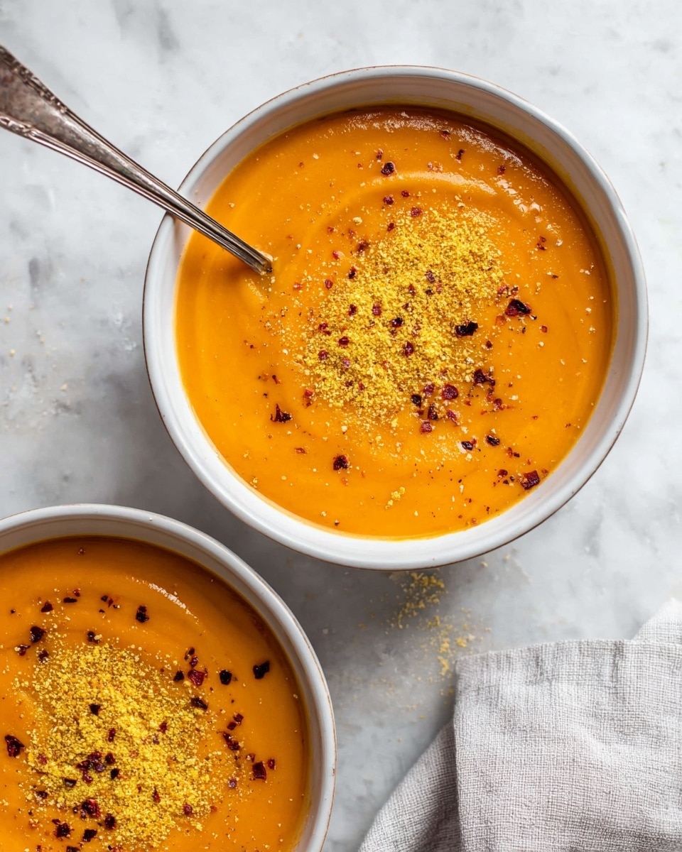 Two bowls of smooth orange soup sit on a dark tray with a white marbled texture underneath. Each bowl is white with a blue rim, filled with creamy orange soup. On top of the soup, there are small pieces of browned onion and vegetables, sprinkled lightly with shredded light yellow cheese and small green herb leaves. Beside the bowls, there are slices of soft, light brown bread with seeds, placed on a wooden board. A gold spoon and a crumpled dark blue cloth napkin lie near the bowls. photo taken with an iphone --ar 4:5 --v 7