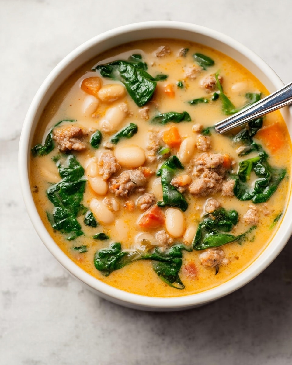 A close-up of a white bowl filled with thick soup showing several layers: the base is creamy and light beige, filled with soft white beans and small chunks of orange carrots. Scattered on top are crumbled pieces of cooked sausage, light brown with some bits of darker sear. Bright green spinach leaves are mixed throughout the soup, adding a fresh look. The surface has small black pepper flakes adding specks of color. The bowl is placed on a white marbled background. Photo taken with an iphone --ar 4:5 --v 7
