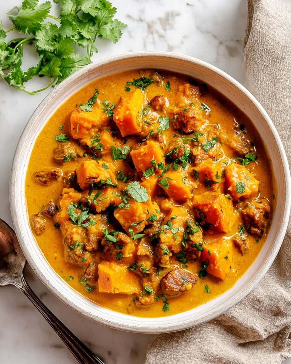 A close-up image of a glass container filled with African peanut soup. The soup has a thick, chunky texture with large orange pieces, likely squash or sweet potatoes, mixed into the creamy orange-brown sauce. You can see small bits of green herbs and red pepper pieces scattered throughout the soup. The container’s clear lid is partially on, angled to the left, showing a white label with handwritten text. The container rests on a white marbled surface with a soft fabric partially visible on the right side. Photo taken with an iphone --ar 4:5 --v 7