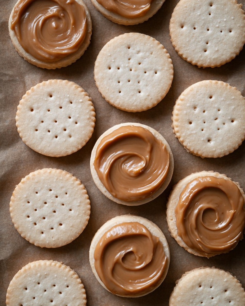 The image shows a flat arrangement of round sandwich cookies on a light brown baking paper background replaced with a white marbled texture. The cookies have two layers: a bottom layer of pale, smooth cookies with small holes in the center and a top layer of thick, shiny caramel spread with a swirling texture, giving a creamy and rich look. Some sandwiches are closed with a plain cookie on top, while others show just the cookie base with caramel spread on it. The cookies are pale beige with slight scalloped edges, and the caramel has a glossy, light brown color. The composition has a neat, repeating pattern with five rows of cookies alternating between open and closed sandwiches, photo taken with an iphone --ar 4:5 --v 7