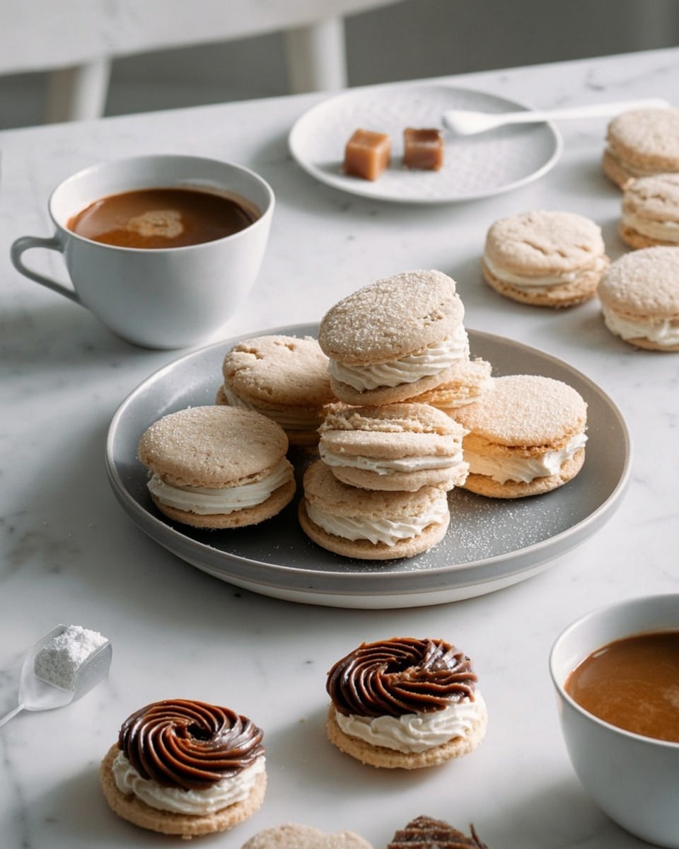 A round light beige plate holds a stack of cream-filled sandwich cookies, each cookie having two pale, smooth, slightly textured biscuit layers with a soft white cream or caramel filling peeking at the edges. Around the plate on a white marbled surface are more sandwich cookies and single biscuit bases topped with smooth swirls of rich brown caramel cream. Two white ceramic cups with a light brown frothy coffee inside sit on the surface, one next to the plate and one further back on a small white saucer with two brown sugar cubes. The scene is softly lit, showing a cozy kitchen space in the background. Photo taken with an iphone --ar 4:5 --v 7