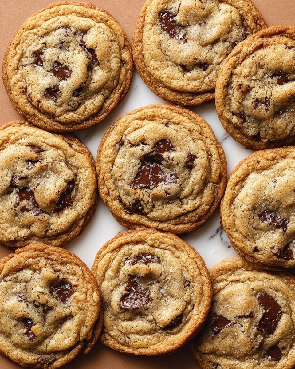 The image shows eight round chocolate chip cookies placed closely together on a white plate. Each cookie has a golden-brown color with a slightly darker edge, and their surface is textured with small cracks and visible melted chocolate chips scattered throughout. The cookies have a soft, slightly wrinkled appearance with a light, slightly shiny finish in some areas. They sit flat on the plate, covering most of its surface area. The background is a white marbled texture. photo taken with an iphone --ar 4:5 --v 7