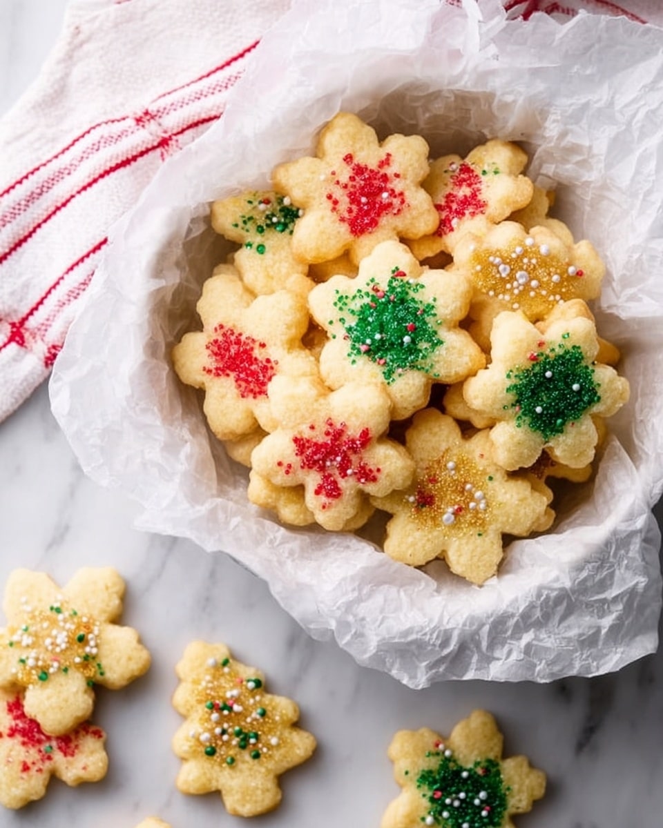 The image shows a metal baking tray with twelve unbaked sugar cookies arranged in four rows of three. The top row has three teddy bear-shaped cookies with coarse white sugar sprinkled on top. The second row has three flower-shaped cookies decorated with bright red sugar sprinkles. The third row holds three snowflake-shaped cookies topped with white sugar. The bottom row contains three Christmas tree-shaped cookies adorned with green sugar sprinkles. The tray rests on a white marbled surface with a red and white cloth partially visible in the bottom left corner. photo taken with an iphone --ar 4:5 --v 7