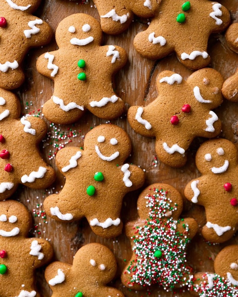 A brown gingerbread man cookie is being held in both hands with a simple smiling face made of white icing, two white icing eyes, and three round candy buttons in blue, red, and yellow colors lined vertically down the center of its body. White wavy icing decorates the ends of its arms and legs. The cookie has a rough, cracked texture and is set against a white marbled surface with more similar gingerbread cookies blurred in the background. photo taken with an iphone --ar 4:5 --v 7