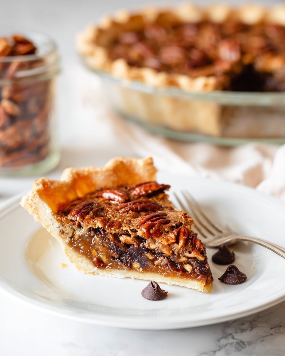The image shows a slice of pecan pie on a white plate set on a white marbled surface. The pie has three main layers: a light golden crust on the bottom and edges, a thick middle filling with a dark caramel brown color mixed with small chocolate pieces, and a top layer covered with whole, toasted pecan halves in a rich brown shade. A fork with a small bite is placed to the right of the slice, and there are three chocolate chips nearby on the plate. In the background, a glass dish holds the rest of the pie, and a jar filled with whole pecans is slightly blurred. The photo taken with an iphone --ar 4:5 --v 7