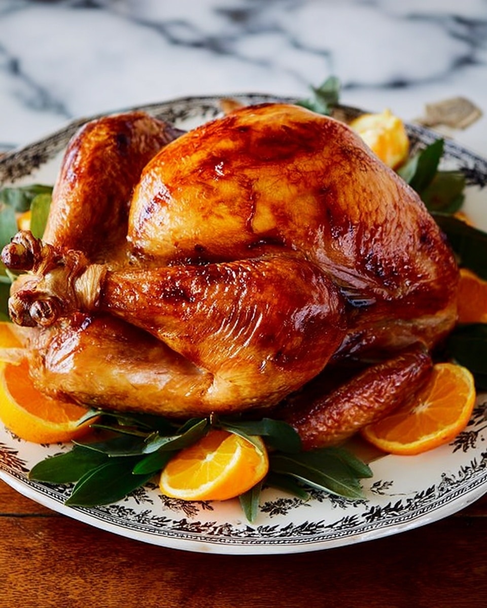 A whole roasted chicken with a shiny, dark golden brown crispy skin sits in the center of a white plate with green leaves and a few orange slices around its base. A woman's hand is using a knife to slice the chicken, while another woman's hand holds a fork piercing the bird to keep it steady. The background shows a white marbled surface with soft warm lighting highlighting the rich texture of the chicken skin. photo taken with an iphone --ar 4:5 --v 7