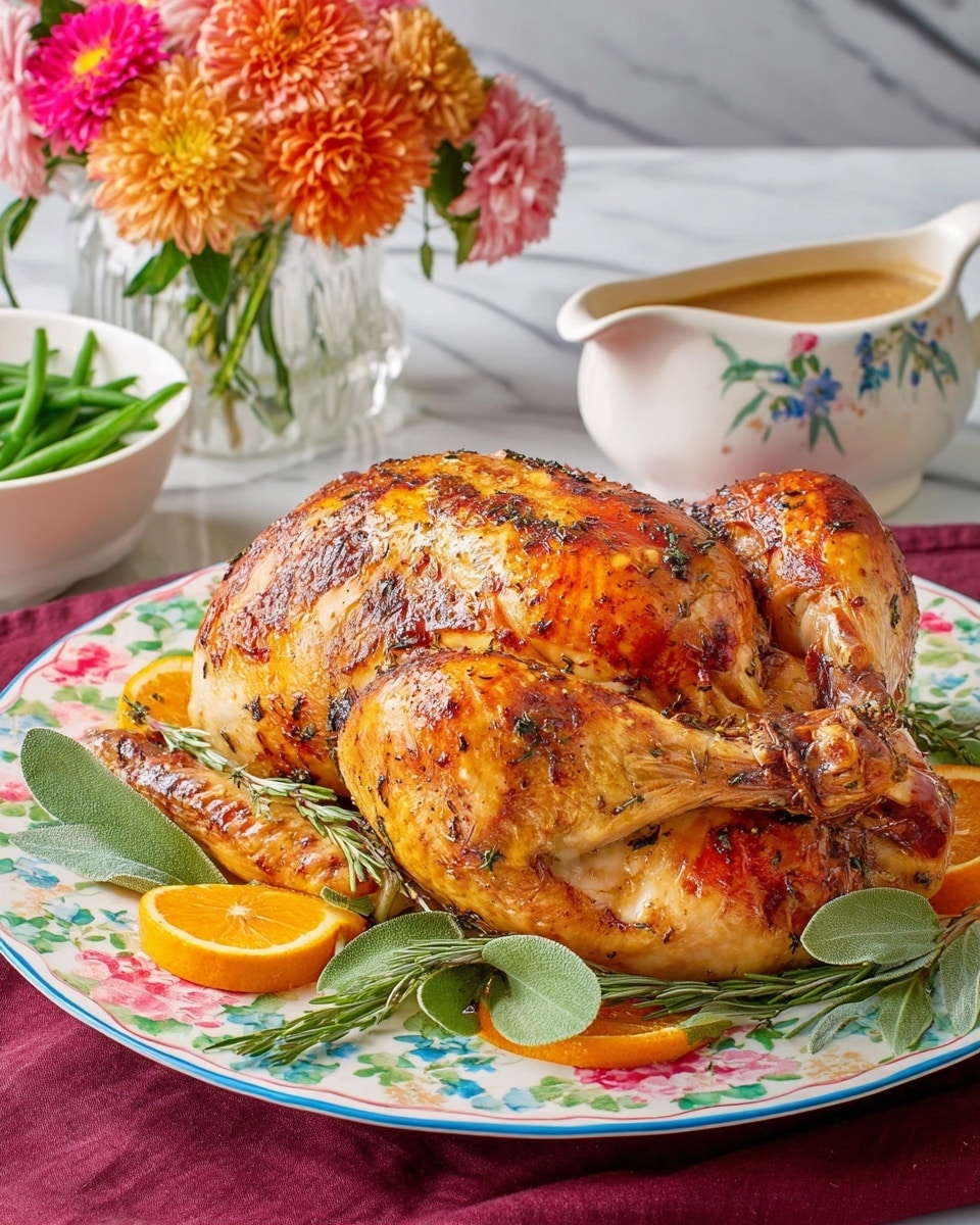 A whole roasted turkey with shiny, crispy golden-brown skin sits on a white plate with dark decorative patterns. The turkey is centered and looks plump with legs tucked under. Around the turkey’s base, there are bright orange and yellow slices of citrus fruit and fresh green leaves, adding color and freshness. The plate rests on a table with a warm, soft-lit background that gives a cozy feeling. Photo taken with an iphone --ar 4:5 --v 7