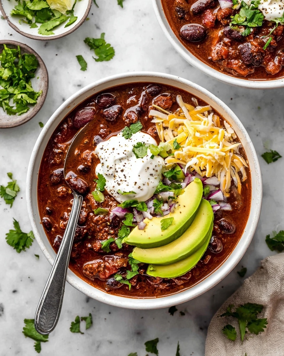 The dish is a bowl of rich chili with visible layers starting with a dark reddish-brown thick chili base made of beans and chunks of meat, topped with fresh green cilantro leaves scattered throughout. On top, there is a generous smooth white dollop of sour cream on one side and a small mound of finely shredded light yellow cheese mixed with small pieces of red onion on the other side. Two slices of bright green avocado lightly sprinkled with black pepper rest next to the cheese. A silver spoon is placed inside the bowl on the left side. The bowl itself is white, sitting on a white marbled surface with some green cilantro and sliced lime pieces nearby, giving a fresh look. Photo taken with an iphone --ar 4:5 --v 7