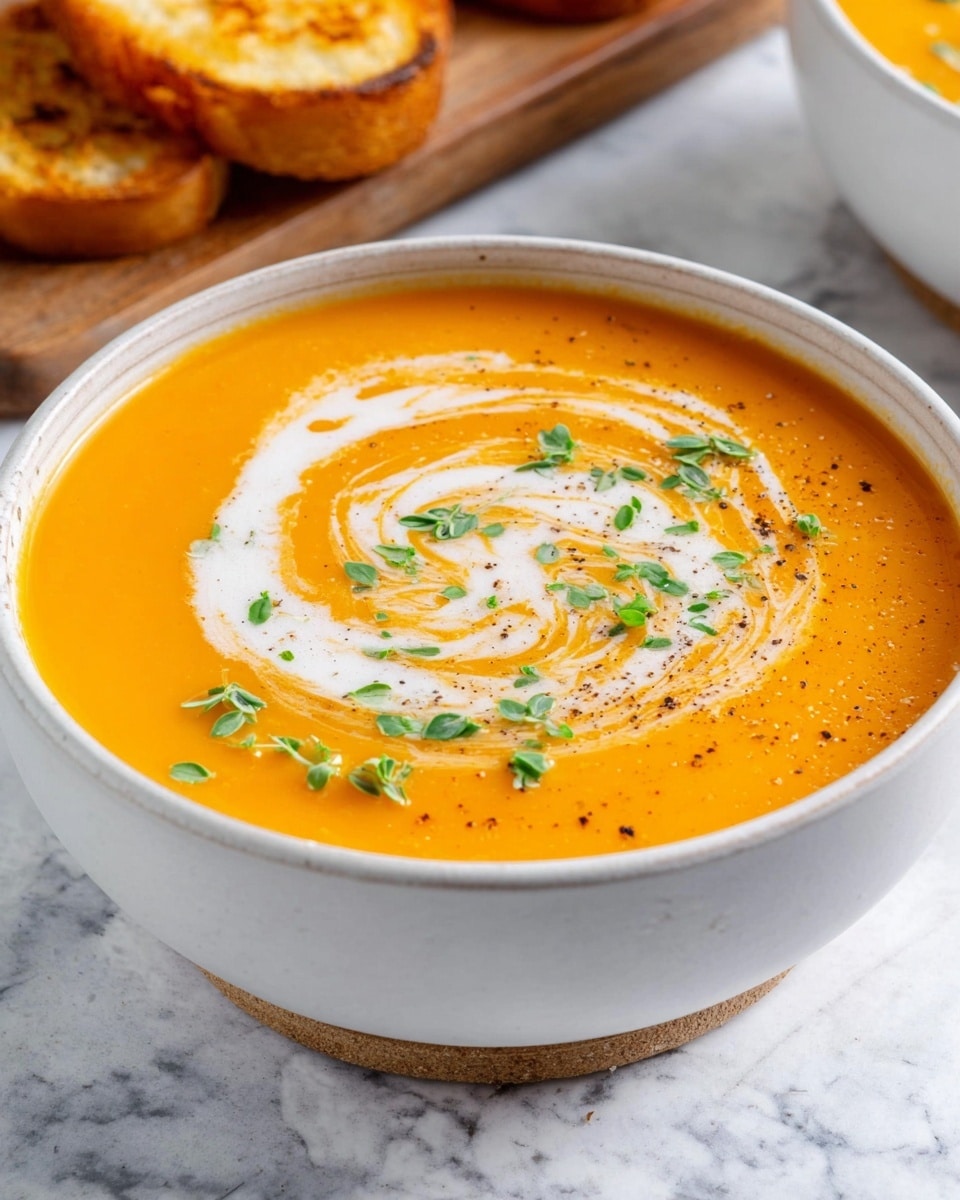 A white bowl filled with smooth orange tomato soup sits on a white marbled surface. The soup has three fresh green basil leaves placed on top, with white cream swirled in a loose spiral pattern across the surface. There are small black pepper flakes scattered lightly over the soup. Another white bowl with the same soup and cream swirl is partially visible at the top left corner, and a few loose basil leaves are scattered on the white marbled background. A soft white cloth is draped on the bottom left edge of the image. Photo taken with an iphone --ar 4:5 --v 7