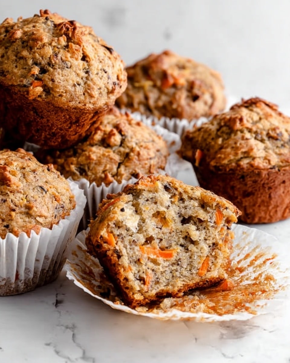 The image shows five golden brown muffins with a slightly rough and textured top, sitting on a white marbled surface. The muffins have a speckled pattern throughout indicating small pieces of ingredients mixed in. Each muffin is wrapped in a light beige paper liner with visible vertical ridges. The muffins are arranged with one in the front in sharp focus, while the others are slightly blurred in the background, giving a sense of depth. The lighting is soft and natural, highlighting the warm tones of the muffins. photo taken with an iphone --ar 4:5 --v 7
