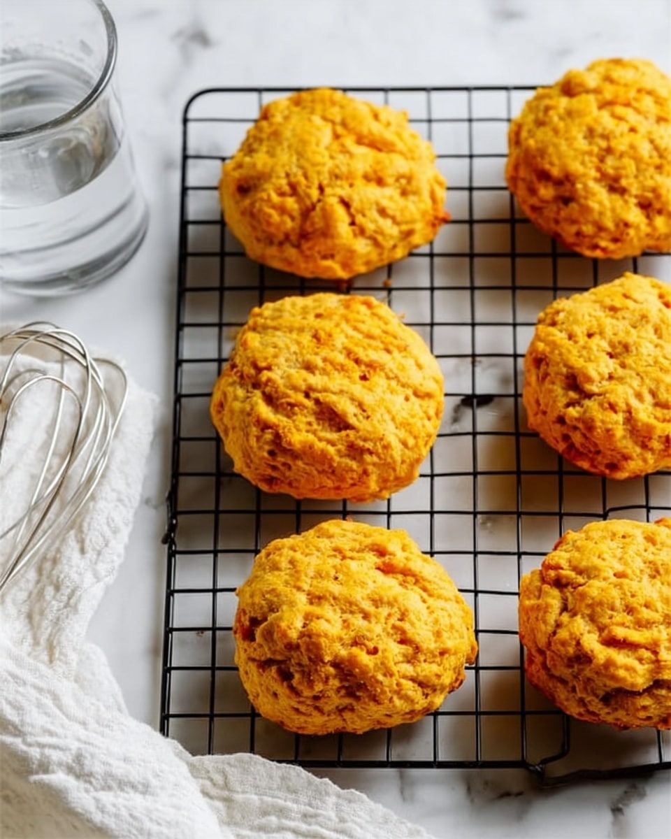 A clear square glass container holds a stack of rough, irregularly shaped sweet potato biscuits that are golden orange with a slightly crispy texture. The lid, partially open, has a red rim and a white label that reads