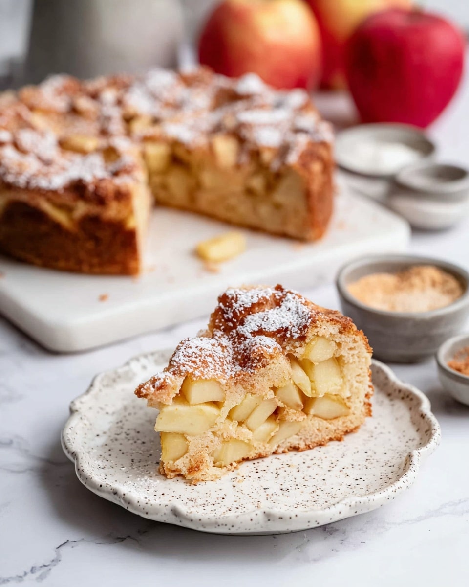 A round apple cake in a black baking pan filled with golden brown baked batter covered with small, unevenly spread light green apple pieces peeking through the soft crust. The cake surface looks slightly cracked and textured with a crisp, sugary top. Around the pan, there are red apples on a wooden board, white bowls with flour and sugar on a white marbled surface, creating a cozy baking scene. Photo taken with an iphone --ar 4:5 --v 7