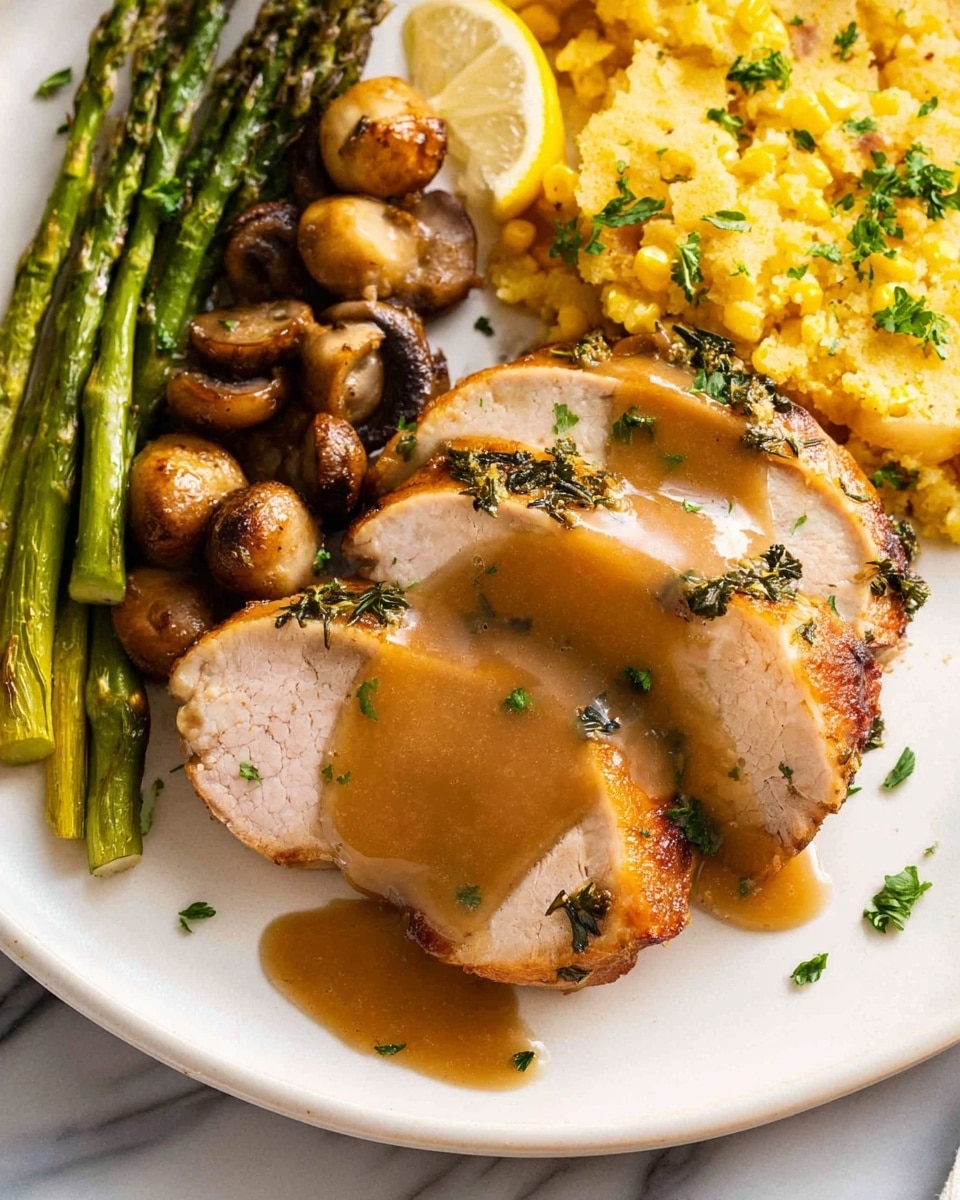 The dish shows two thick slices of cooked turkey with herbs on the outside, covered with a smooth brown gravy on top. To the left, there is a yellow, crumbly cornbread layer with some small corn pieces mixed in. Above the turkey slices, there are several small round brown mushrooms mixed with green asparagus stalks, which have a slightly roasted look. A wedge of lemon sits on the top left side, adding a bright yellow contrast on the plate. All the food is served on a plain white plate over a white marbled surface. photo taken with an iphone --ar 4:5 --v 7