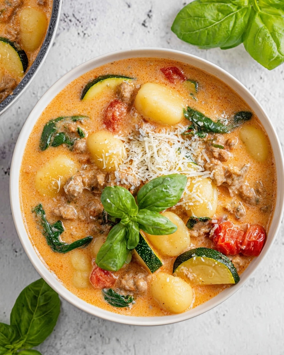 A white bowl filled with a creamy stew showing three clear layers: the base layer is a rich, orange sauce; the middle layer has chunks of soft yellow gnocchi and pieces of green zucchini; the top layer includes browned ground meat, scattered spinach leaves, bits of red tomato, and finely grated white cheese sprinkled on top, along with a small fresh green basil leaf placed near the center. The bowl rests on a white marbled surface with green basil leaves nearby. photo taken with an iphone --ar 4:5 --v 7