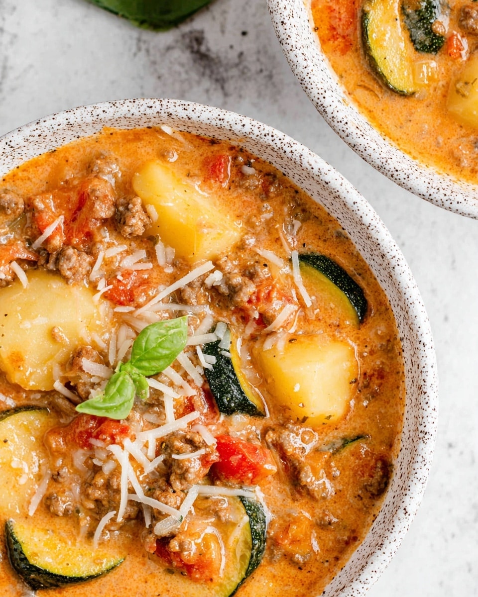 The image shows a white speckled bowl filled with a thick stew-like dish. The dish has visible layers starting with a creamy orange sauce mixed with ground meat and small pieces of chopped tomatoes. On top of this base, there are chunky slices of bright yellow gnocchi and green zucchini pieces, along with some spinach leaves. The dish is topped with a light sprinkle of shredded light-colored cheese. The bowl is placed on a white marbled surface with part of another similar bowl visible beside it. Photo taken with an iphone --ar 4:5 --v 7
