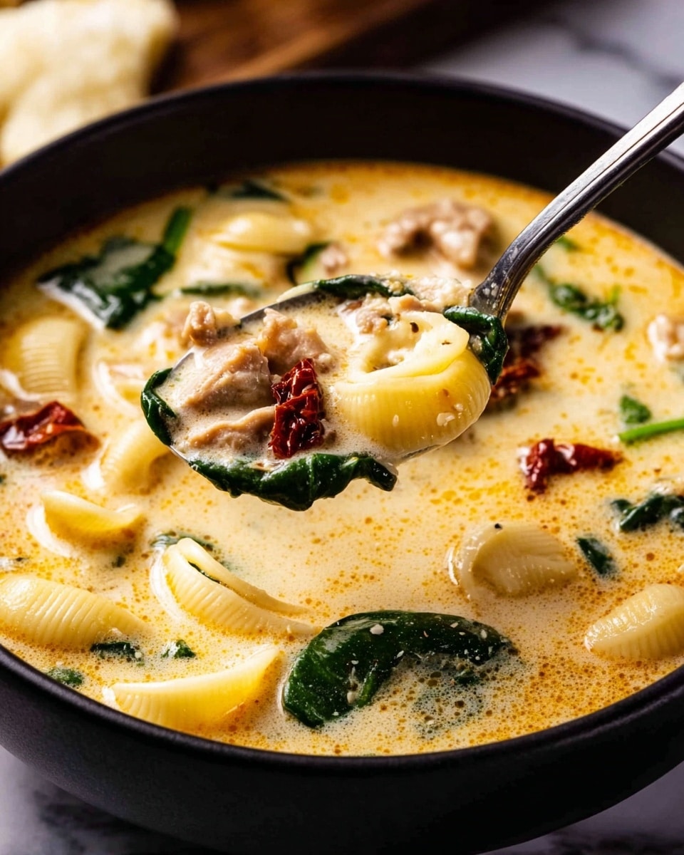 A black bowl filled with creamy soup showing at least three layers: the base is a smooth, orange-cream liquid with small bubbles; within the liquid, pale off-white small shell pasta pieces float alongside greenery of spinach leaves and small pieces of shredded light brown meat; there are also pieces of dark red sun-dried tomatoes scattered on the surface. A metal spoon lifts a portion of the soup, showing shells, spinach, and sun-dried tomato clearly in the close-up. The bowl sits on a white marbled surface. photo taken with an iphone --ar 4:5 --v 7
