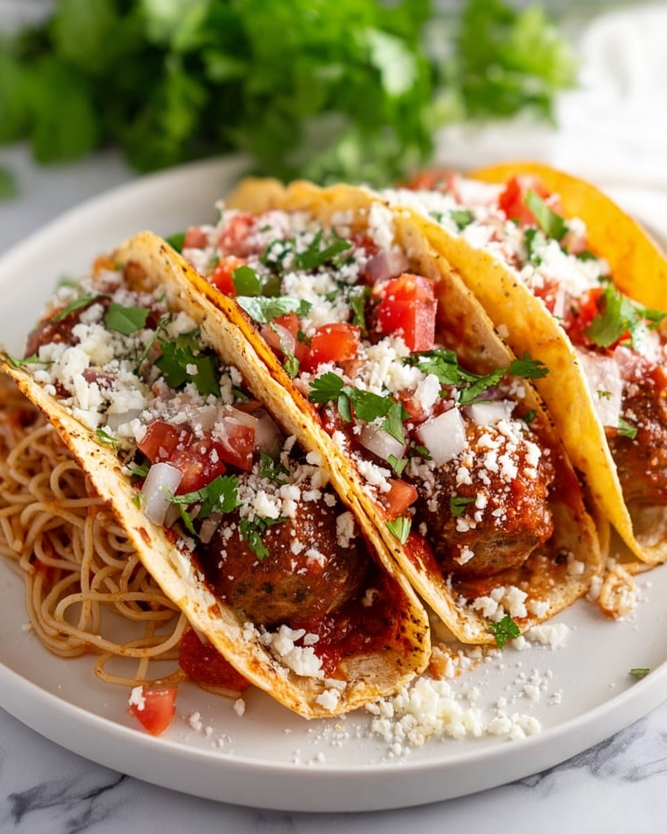 Three tacos rest on a white plate with a white marbled surface beneath. Each taco has a soft, lightly golden corn tortilla folded around layers starting with thin, reddish-brown noodles at the bottom. On top of the noodles are round, brown meatballs. Fresh, diced red tomatoes and small white onion pieces are scattered over the meatballs. Bright green chopped cilantro is sprinkled throughout. A light dusting of fine, white cheese covers the tacos, adding a soft texture contrast. photo taken with an iphone --ar 4:5 --v 7