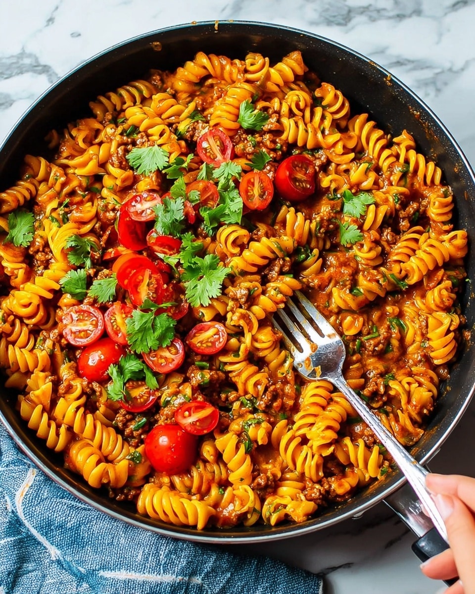 This image shows a black skillet filled with cooked spiral pasta tossed in a reddish-brown sauce with small pieces of meat, covering the entire base of the pan. On top, there is a layer of bright orange melted cheese spread around the center. Placed neatly over the cheese are halved small red cherry tomatoes in the shape of a circle. Fresh green cilantro leaves are scattered all around the tomatoes and across the pasta, adding a fresh touch. A woman's hand holding a fork is lifting a small portion of the pasta from the right side of the skillet. The skillet rests on a white marbled surface with part of a blue-striped cloth visible in the corner. Photo taken with an iphone --ar 4:5 --v 7