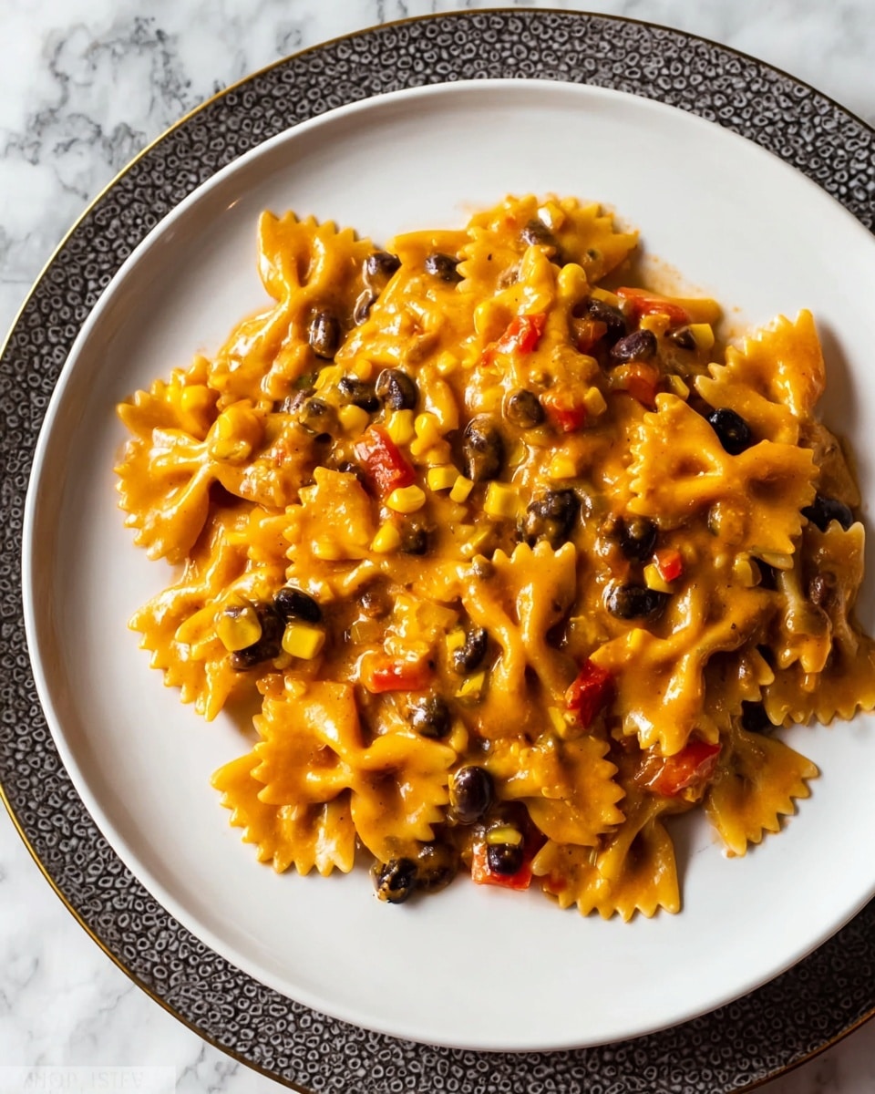 The image shows a white plate filled with bowtie pasta covered in a thick, orange-yellow sauce. Mixed within the sauce are black beans and bright yellow corn kernels, adding spots of dark brown and vivid yellow colors over the pasta. The pasta pieces have a smooth texture with slightly curled edges and are arranged mostly in the center of the plate. The plate sits on a darker round charger, all placed on a white marbled surface. The photo taken with an iphone --ar 4:5 --v 7