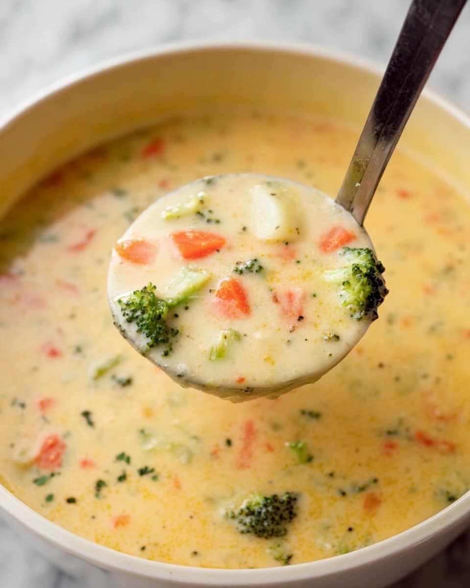 A close-up of a white ladle holding creamy soup filled with small pieces of green broccoli, orange carrot slices, and white potato chunks, all mixed in a thick, light yellow broth. The ladle is lifted above a white bowl filled with more of the same soup showing scattered bits of vegetables in the smooth liquid. The background has a white marbled texture. Photo taken with an iphone --ar 4:5 --v 7