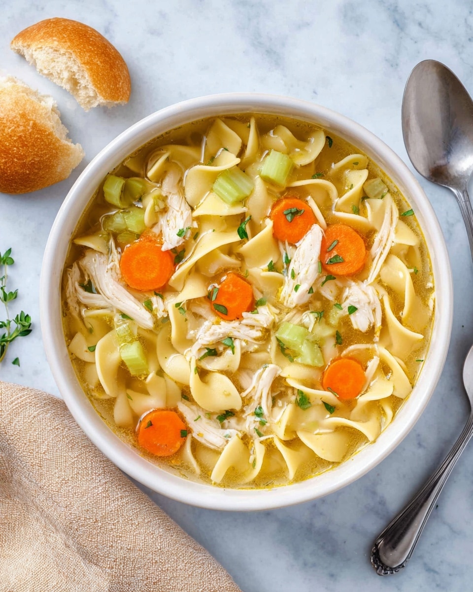 A white bowl filled with chicken noodle soup sits on a white marbled surface. The soup has several layers: the base is a clear golden broth; floating on top are pieces of light shredded chicken, slices of orange carrots, pale green celery, and chunks of light yellow potatoes. Curly yellow egg noodles are spread evenly within the broth, giving texture and volume. A few small green herb leaves are scattered on top for garnish. Next to the bowl, there are pieces of torn light bread with a soft inside, and two metal spoons rest on the surface nearby. Photo taken with an iphone --ar 4:5 --v 7