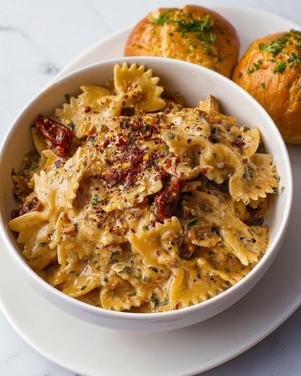 A white bowl filled with three layers of pasta: the base is a creamy, orange-yellow sauce with soft pasta pieces, topped with a thicker layer of melted cheese that looks slightly golden and bubbly, sprinkled with black pepper and red spices, and garnished with small green herb pieces. The bowl sits on a white marbled surface. Photo taken with an iphone --ar 4:5 --v 7