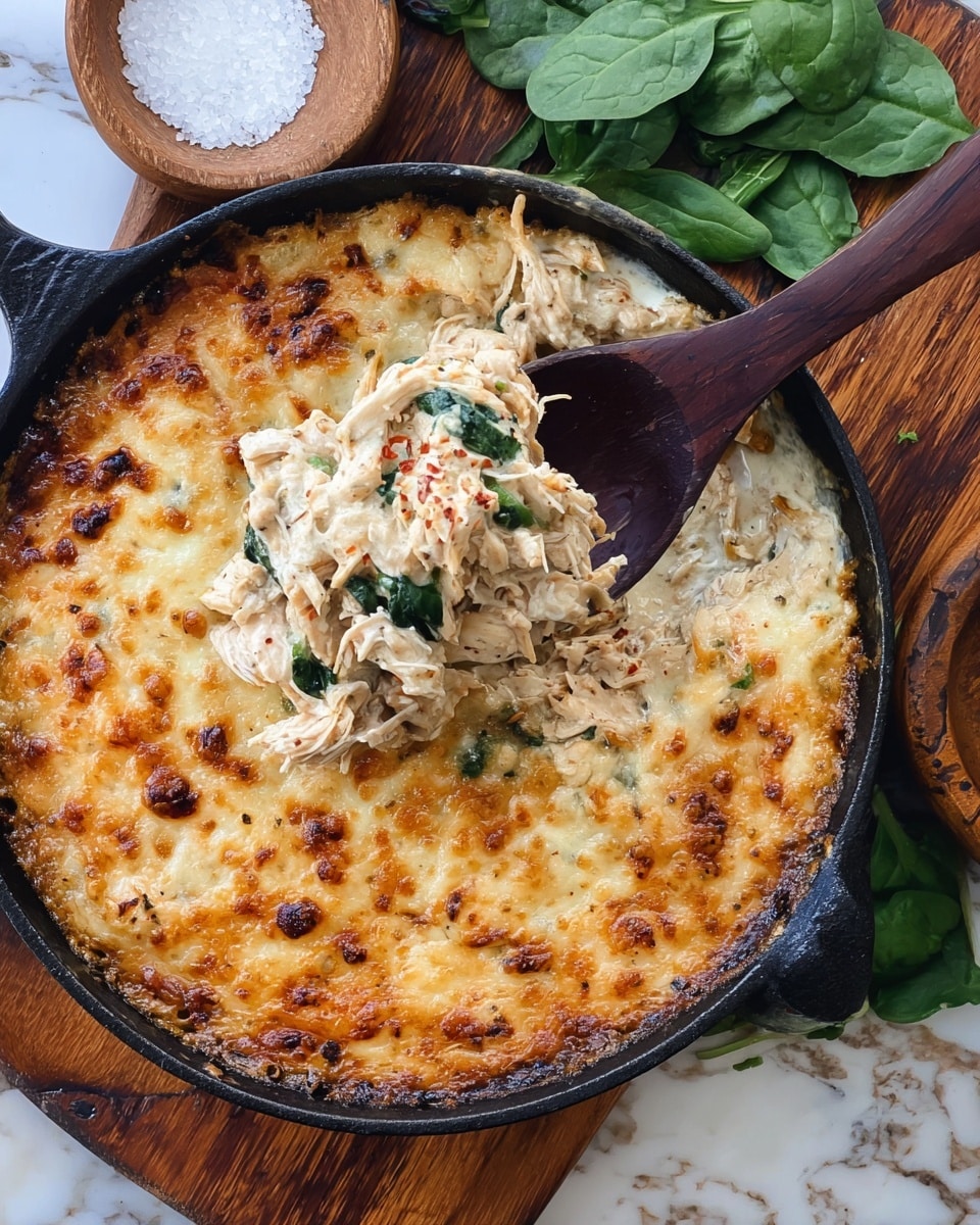 A round, single-layer dish in a black cast iron skillet showing a golden-brown melted cheese topping with small browned spots and a slightly bubbly texture; under the cheese layer, hints of a mixed filling with herbs and small bits of red ingredients are visible; the skillet is placed on a wooden board set on a white marbled surface, with a small bowl containing coarse salt and another bowl partially in frame. photo taken with an iphone --ar 4:5 --v 7