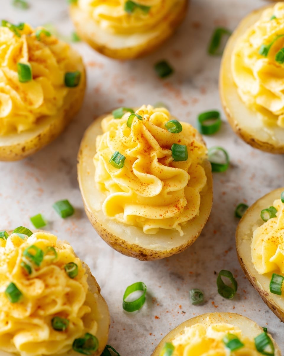 The image shows several yellow potato halves arranged on a parchment-lined surface with a white marbled texture behind. Each potato half has two layers: the bottom layer is the smooth, soft, yellow potato shell, and the top layer is a piped swirl of creamy, pale yellow potato mixture with a fluffy texture. The creamy swirls are topped with small pieces of bright green chopped scallions scattered on each swirl and around the potatoes, adding a fresh touch. Photo taken with an iphone --ar 4:5 --v 7