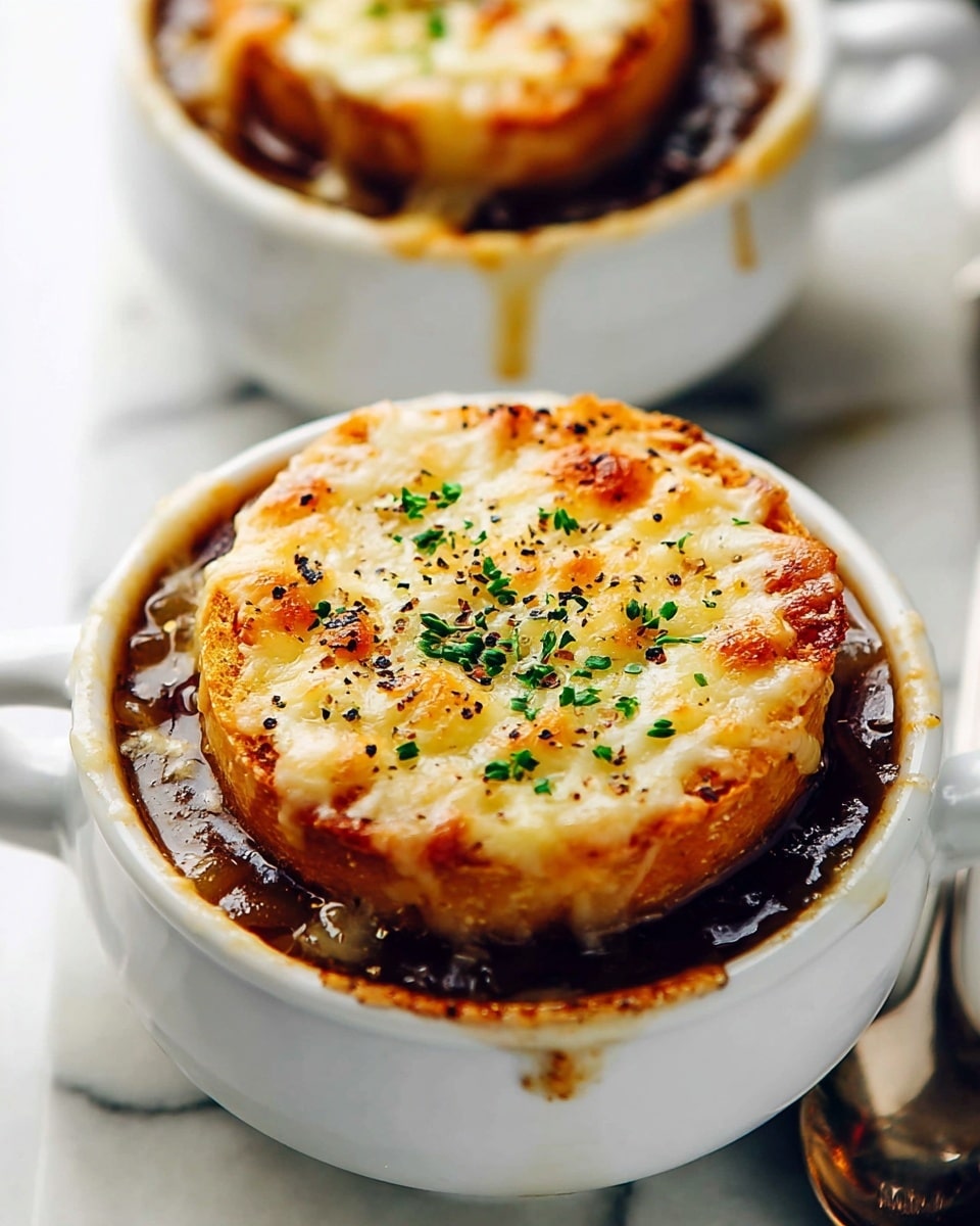 The image shows two white round cups filled with dark brown onion soup, with visible pieces of cooked onions in the broth. Each cup is topped with a single golden-brown toasted round slice of bread that is covered by a thick layer of melted pale yellow cheese, browned in spots, giving a bubbly and slightly crispy texture. On top of the cheese are scattered small green herb leaves and some cracked black pepper, adding fresh color contrast. The cups are placed on a white marbled surface, with a metal spoon visible at the edge, suggesting readiness to eat. Photo taken with an iphone --ar 4:5 --v 7