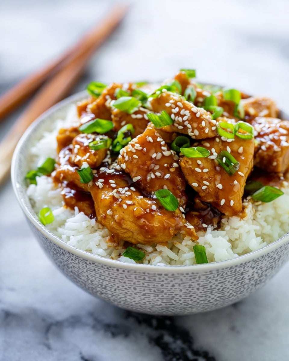 A bowl filled with white rice as the bottom layer, topped with several pieces of glossy, brown glazed chicken arranged in a small pile in the center. The chicken pieces are sprinkled with small white sesame seeds and bright green chopped spring onions for garnish. The bowl is white with a delicate gray crackle pattern. The scene is set on a white marbled surface with a soft focus on a pair of wooden chopsticks resting behind the bowl. Photo taken with an iphone --ar 4:5 --v 7