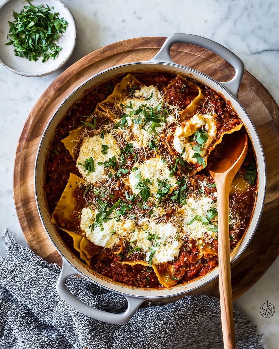A white pot filled with layered lasagna sits on a wooden board over a white marbled surface. The bottom layer is rich dark red meat sauce with chunky texture, followed by wide yellow pasta strips partially submerged in the sauce. On top, there are several dollops of creamy white ricotta cheese, sprinkled with shredded mozzarella and small pieces of fresh green basil leaves. A wooden spoon with meat sauce is resting inside the pot, partly covering the lasagna. In the upper left corner, there is a small white plate with chopped green basil. Photo taken with an iphone --ar 4:5 --v 7