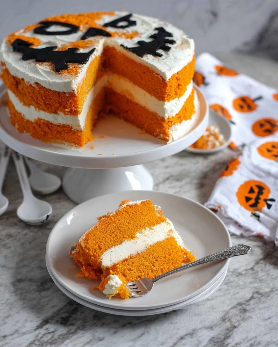 This is a three-layer round cake with bright orange sponge layers and white cream filling between each layer. The top layer has a black painted face resembling a spooky jack-o'-lantern with angry eyes, a small nose, and a large jagged mouth. The cake is set on a white marbled surface with a woman’s hand holding a white spatula with a black and white ghost pattern in the corner, and a white towel with small pumpkin prints in the background. Photo taken with an iphone --ar 4:5 --v 7