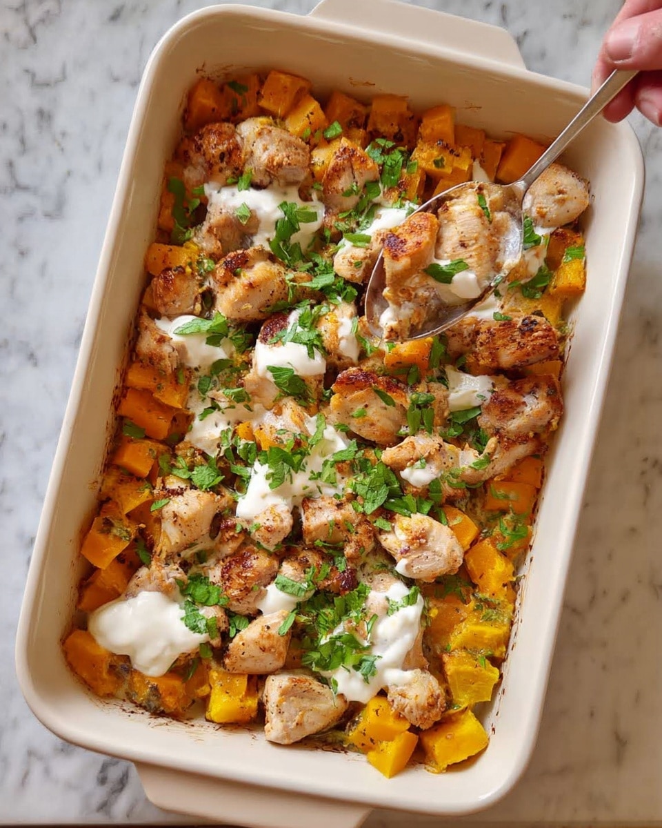 The image shows a white rectangular baking dish filled with a layered chicken and vegetable casserole. The base layer has small orange cubes of cooked squash scattered evenly. On top of the squash are golden-brown cooked chicken pieces, seasoned with black pepper and scattered across the surface. There are small dollops of white creamy sauce on several chicken pieces, with fresh green chopped herbs sprinkled over everything. A fork is lifting one piece in the top right corner, revealing the layers and textures inside. The background is a white marbled texture with a glimpse of a blue cloth on the right side. photo taken with an iphone --ar 4:5 --v 7