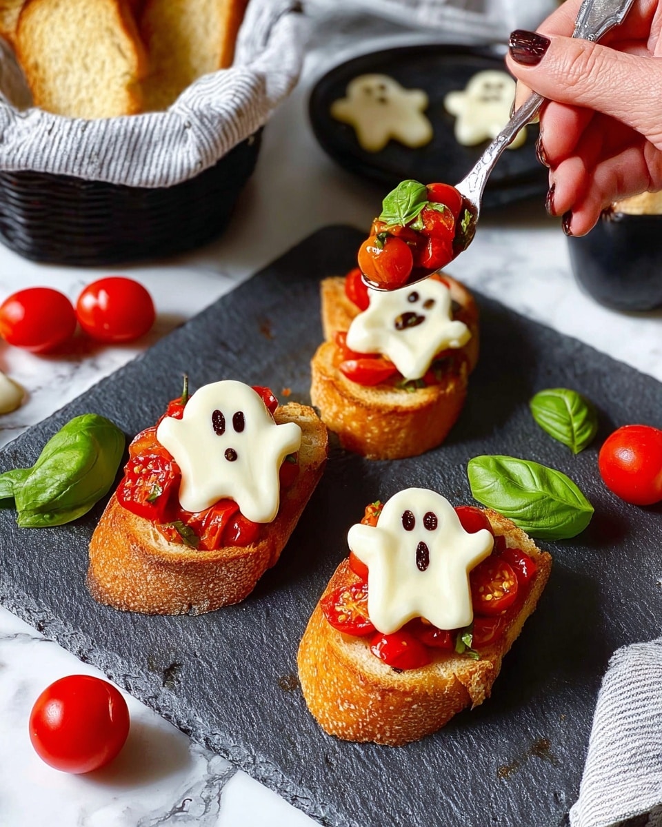 The image shows three slices of crusty toasted bread placed on a dark textured board. Each slice has a base layer of chopped bright red cherry tomatoes mixed with green basil leaves on top, followed by a slice of white cheese shaped like a ghost with cute rounded edges and simple brown eyes and mouth drawn on it, placed at the center. Extra whole cherry tomatoes and green basil leaves are scattered around the board for decoration. A woman’s hand is using a spoon to add more chopped tomatoes on one slice, while a small white bowl with more cheese ghost shapes and a basket lined with white paper holding more toasted bread pieces are placed in the background on a white marbled surface. The scene is bright and clear, inviting and playful, photo taken with an iphone --ar 4:5 --v 7