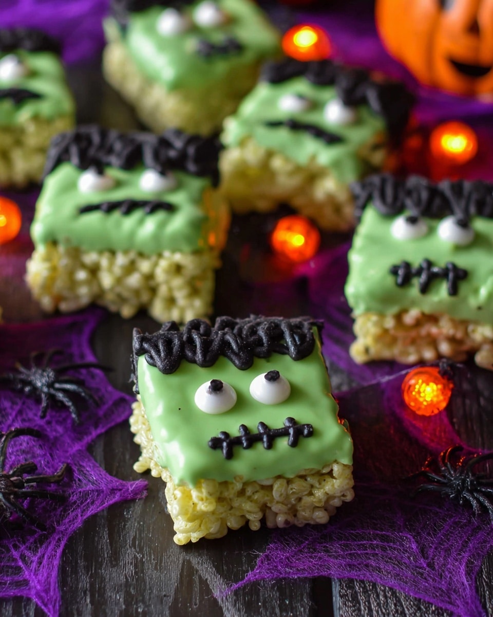 The image shows several small square treats that look like a simple rice cereal base covered in bright green smooth coating. Each treat has a thick strip of black icing on the top edge that looks like messy hair, with two round white candy eyes placed just below the black icing. Black icing stitches form a small mouth below the eyes, giving the treats a face resembling a friendly monster or Frankenstein's monster. The treats are arranged on a dark surface with glowing orange pumpkin lights and a purple spider web cloth nearby. Photo taken with an iphone --ar 4:5 --v 7