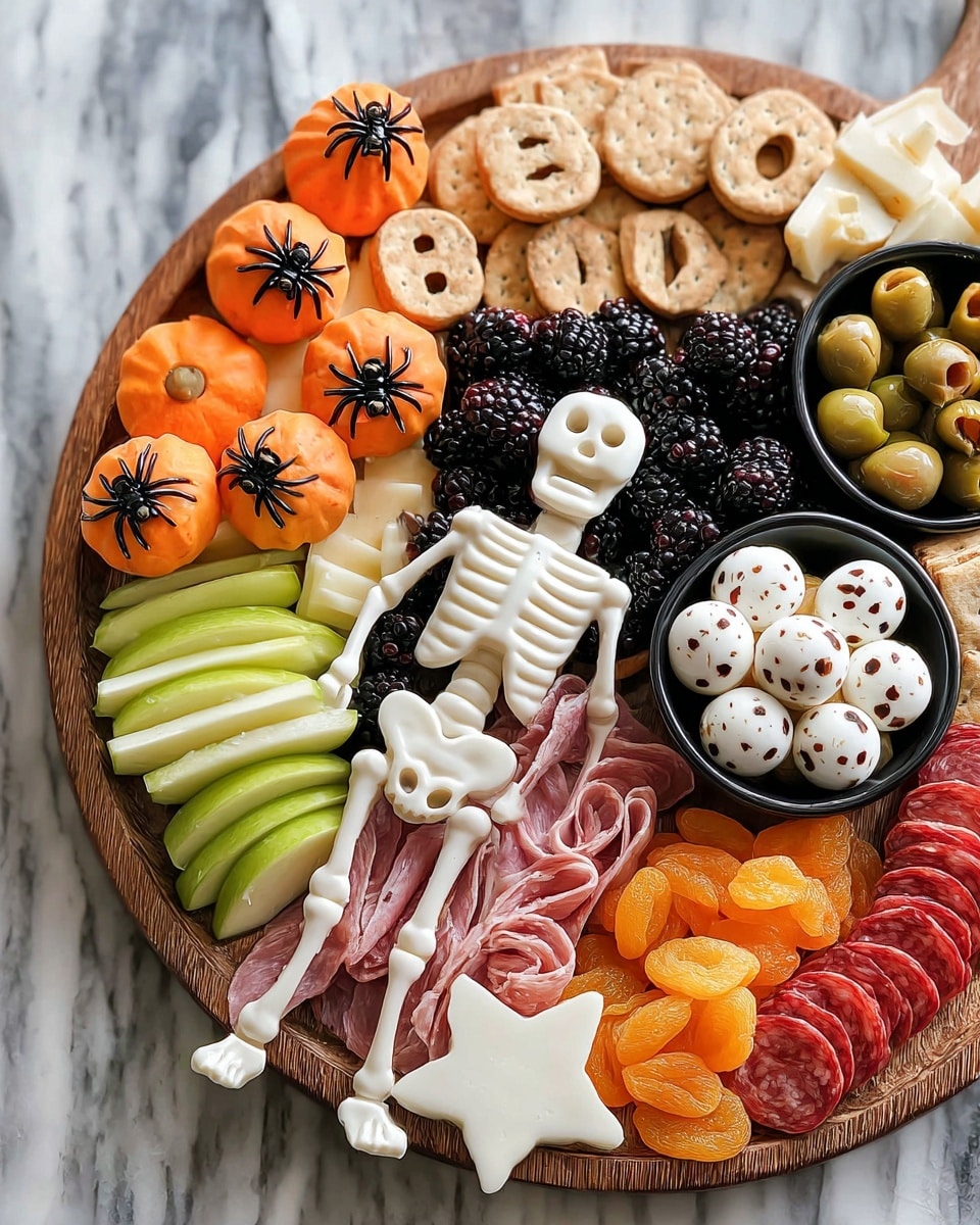 A round wooden board with a Halloween-themed snack arrangement features a white skeleton made of cheese or similar food placed slightly off-center. The skeleton's rib cage is topped with rolled pink slices of ham, surrounded by black olives. Above the head, there are stacked slices of green apple arranged fan-like. To the left of the skeleton, a set of bright orange pumpkin-shaped cheese slices with small black spider decorations and beige crackers spelling