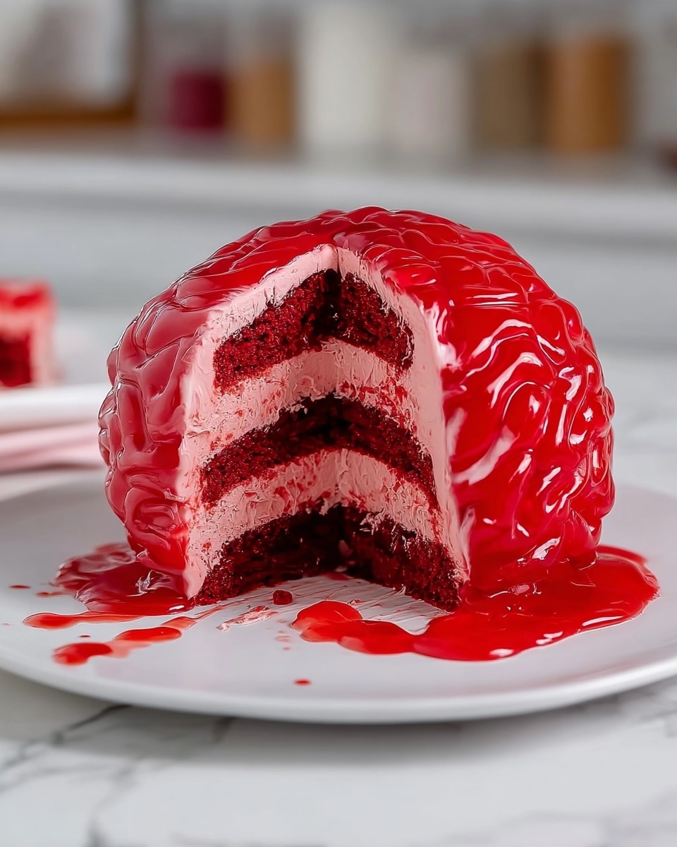 The image shows a cake shaped like a brain, covered with shiny red glaze that looks like blood. The cake has three visible layers of dark red sponge with two layers of light pink cream between them. The glaze drips down the sides and pools slightly on the white plate below. The cake sits on a white marbled surface with a blurred kitchen background. Photo taken with an iphone --ar 4:5 --v 7