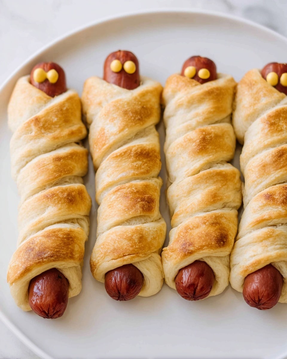 Four hot dogs wrapped in light golden brown dough strips, arranged in a row on a white marbled surface. Each hot dog has dough wrapped around it in a spiral pattern with small gaps showing the reddish-brown hot dog beneath. Two of the hot dogs have two small dots of yellow mustard near the top, giving the look of eyes. The dough has a soft, slightly flaky texture with a warm tone. The overall look is simple and neat, with the dough wrapping covering most of each hot dog but leaving a few spots visible. photo taken with an iphone --ar 4:5 --v 7