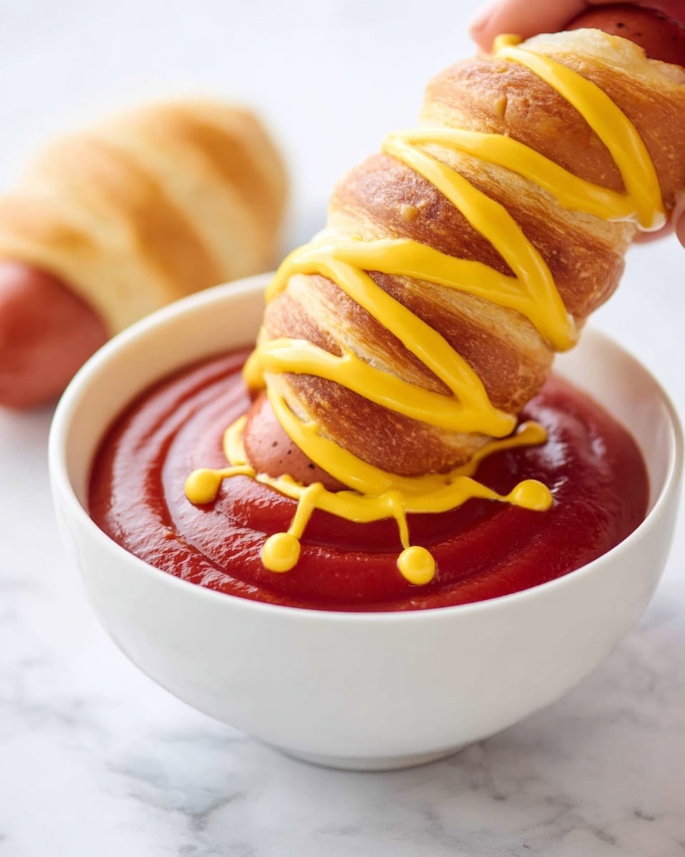 A white bowl filled with dark red ketchup acting as the base layer, topped with a spider web pattern made of bright yellow mustard. A woman's hand is holding a sausage wrapped with light golden-baked dough spiraling down around it, dipping into the bowl. The background and surface show a white marbled texture. Photo taken with an iphone --ar 4:5 --v 7