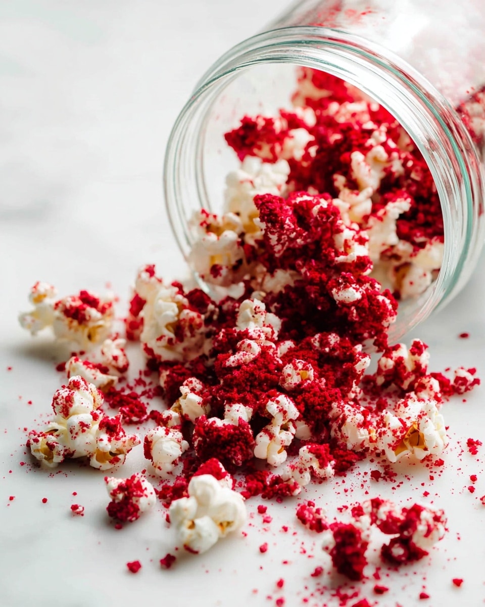 A small clear glass jar is tipped over on a white marbled surface, with white popcorn spilling out mixed with bright red crumbly bits that coat some popcorn pieces and scatter loose around. The popcorn looks light and fluffy, and the red crumbs add a textured, vibrant contrast that spreads unevenly among the popcorn, creating a scattered, casual arrangement. photo taken with an iphone --ar 4:5 --v 7
