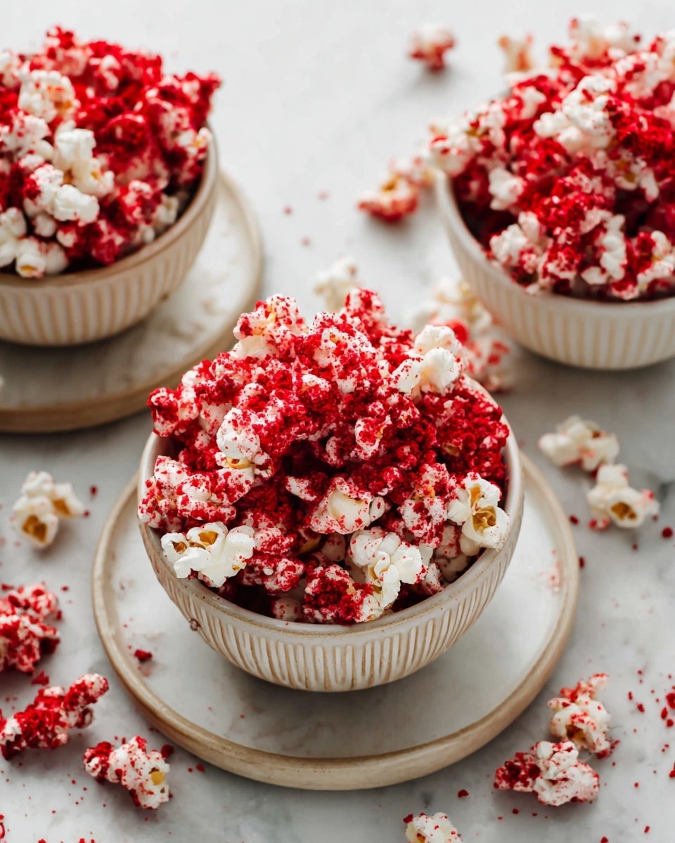 The image shows three white bowls filled with white popcorn covered in bright red crumb-like topping, placed on a white marbled surface. The popcorn appears fluffy with irregular shapes, generously coated in the vibrant red crumbs that add texture and color contrast. Some popcorn pieces and crumbs are scattered around the bowls on the surface, creating a casual and inviting look. Each bowl is simple, round, and textured with slight ridges on the inner sides, with one bowl centered and the others partially visible at the edges. photo taken with an iphone --ar 4:5 --v 7