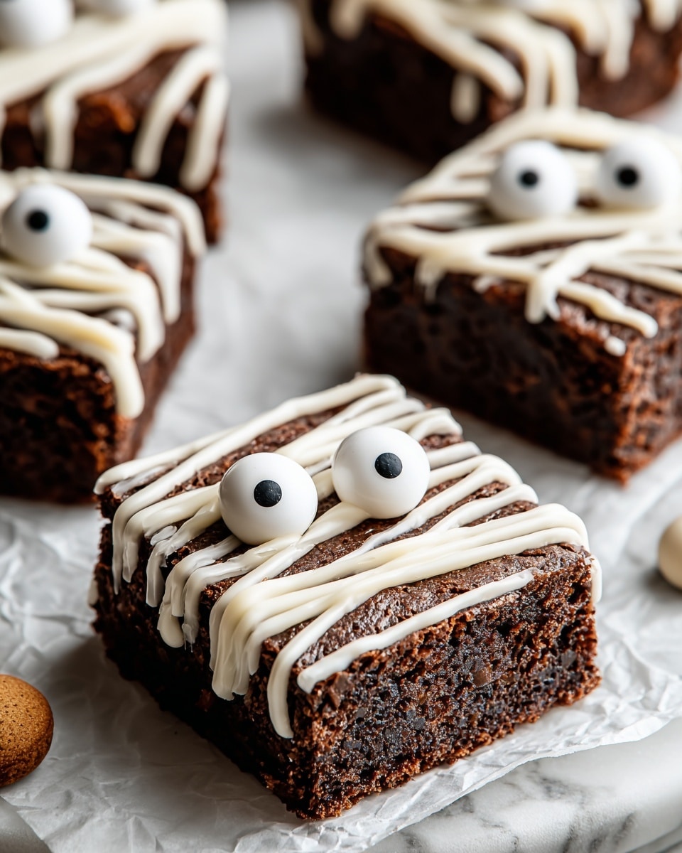 The image shows square chocolate brownies with a dark brown, moist texture. Each brownie is decorated with thin, uneven white icing lines draped over the top and sides, creating a mummy-like effect. On top of each brownie, two round white candy pieces with black centers serve as eyes, giving them a fun, playful look. The brownies rest on crumpled parchment paper over a white marbled surface, with parts of more brownies visible in the background. The focus is on one brownie in the center, making the icing details and candy eyes clear and sharp. Photo taken with an iphone --ar 4:5 --v 7