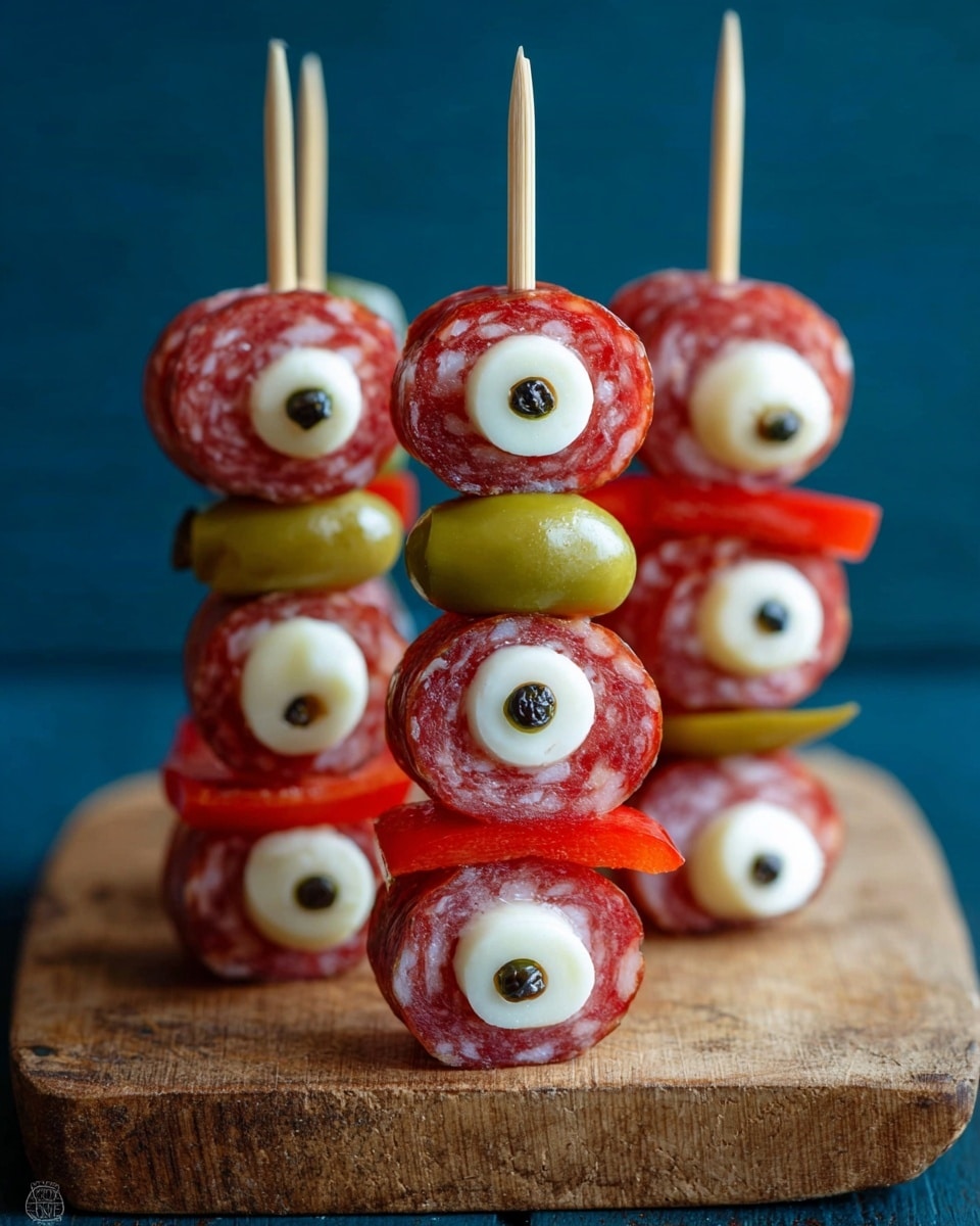 The image shows several skewers with three layers each, placed standing on a rough wooden board with a white marbled texture background. Each skewer has two round red slices of salami, each topped with a white mozzarella ball that has a small dark olive piece in the center, resembling eyes. Between the two salami slices is a strip of red bell pepper and either a green or dark purple olive, adding color contrast. The salami slices have a marbled fat texture, and the mozzarella balls are smooth and shiny. Photo taken with an iphone --ar 4:5 --v 7