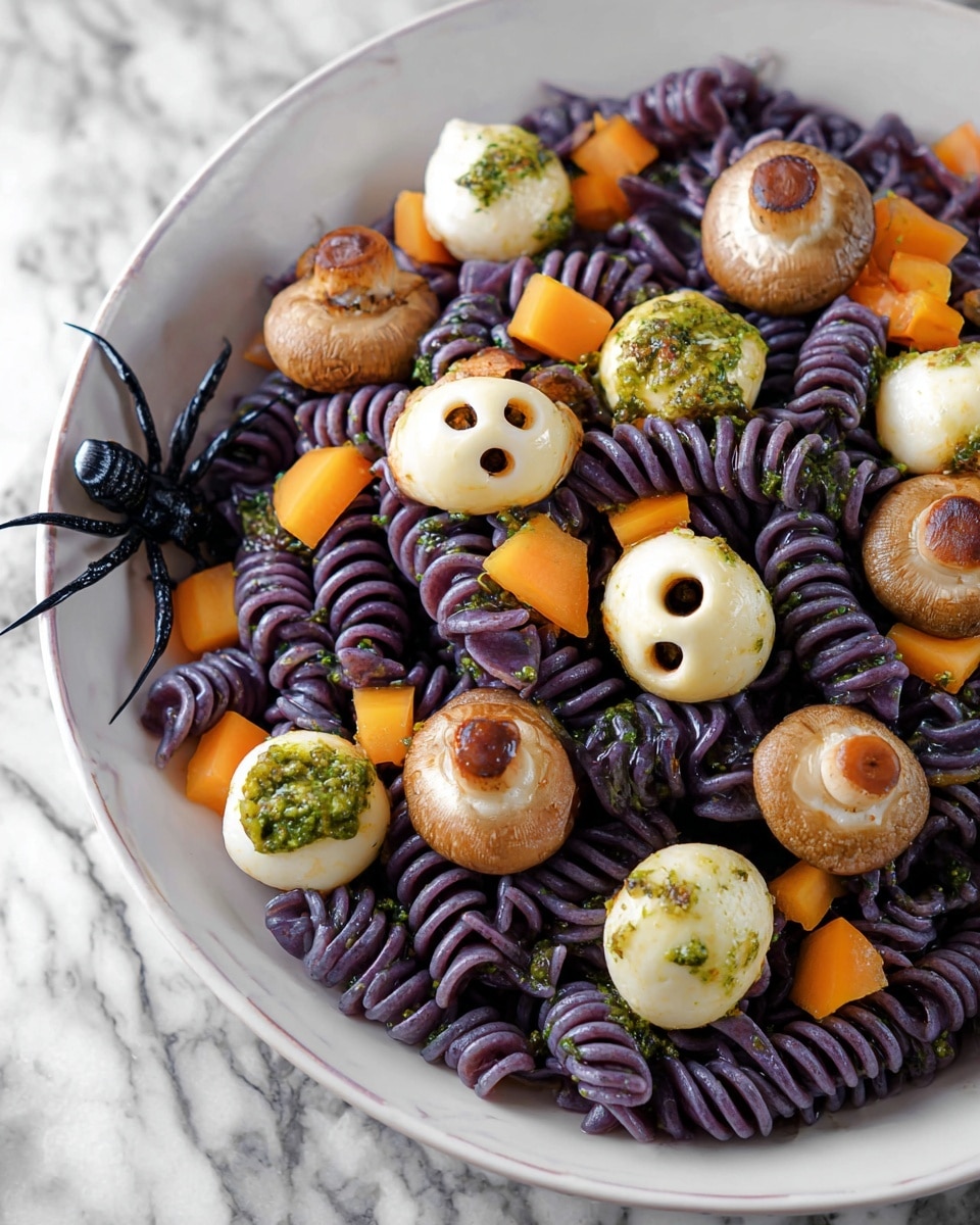 A close-up of a dish with three main layers: the bottom layer is a bed of dark purple spiral pasta with a textured, twisted shape; scattered on top are small light brown mushrooms with two holes each, looking like little faces; white mozzarella balls with small black olive pieces in the center and a green sauce used to create an eye effect sit on the pasta; bright orange triangular bell pepper pieces add pops of color throughout. The dish is served on a white plate with a smooth finish on a white marbled surface, and a small black plastic spider decoration sits among the food. photo taken with an iphone --ar 4:5 --v 7